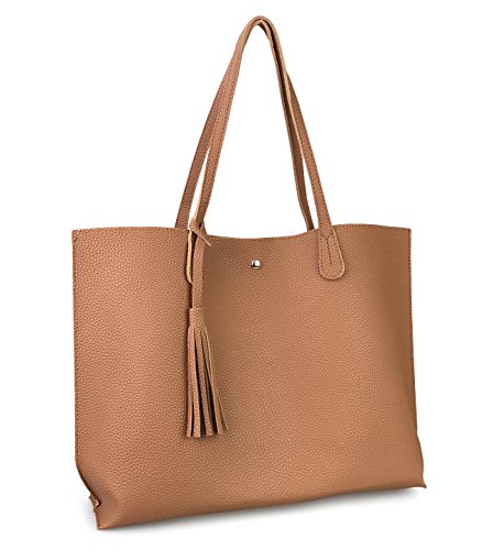 Minimalist Clean Cut Pebbled Faux Leather Tote Womens Shoulder Handbag (Brown)