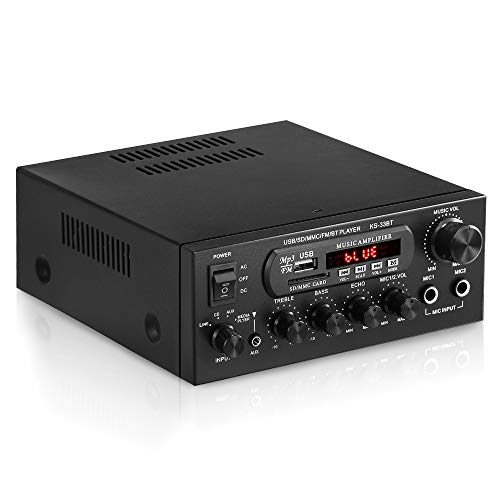 Bluetooth Power Home Audio Amplifier Receiver, ARCHEER 100W HiFi 2 Channel Integrated Stereo Amp System with 2 Mic Jack, Bass&Treble&Echo Control and Power Supply, USB/Bluetooth/TF Card/FM Supported.