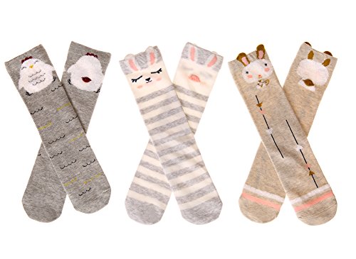 Color City Unisex Baby Girls Socks Toddler Knee High Socks - Cartoon Animal Warm Cotton Stockings (3 Pairs A)