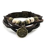 Lucky Handmade Natural Constellation Zodiac Sign Logo Genuine Real Leather Bracelet with Charms, Beads, Button, Adjustable Size, Gift for Him or for Her, Unisex (Scorpio - Brown Leather)
