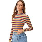 Floerns Women's Mock Turtleneck Long Sleeve Slim Fit Stretch Striped T-Shirts Tunic Tops Fall Fashion Trendy Outfits Clothes