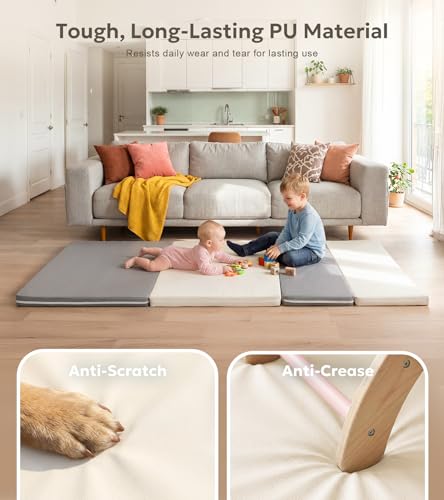 Mallify Quad-Fold Baby Kids Mat, Foldable & Portable PU Leather Kids Mat for Floor, 71" x 30" Bedside Mat, 2'' Thicken Soft Anti-Fall Playmat, Waterproof Play Mat for Kids and Children