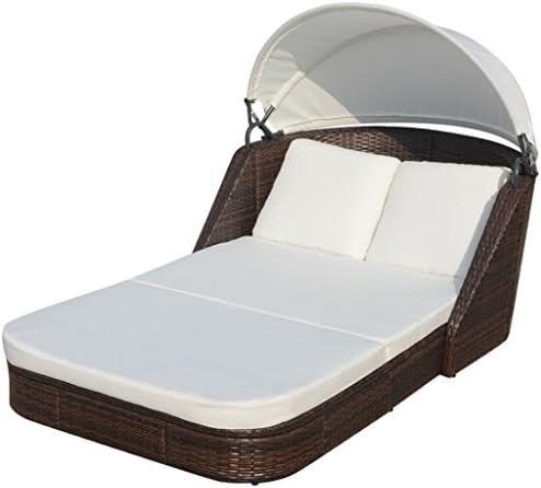 Directsale Sun Lounger Poly Rattan Wicker Brown Double Seater Daybed Canopy Patio