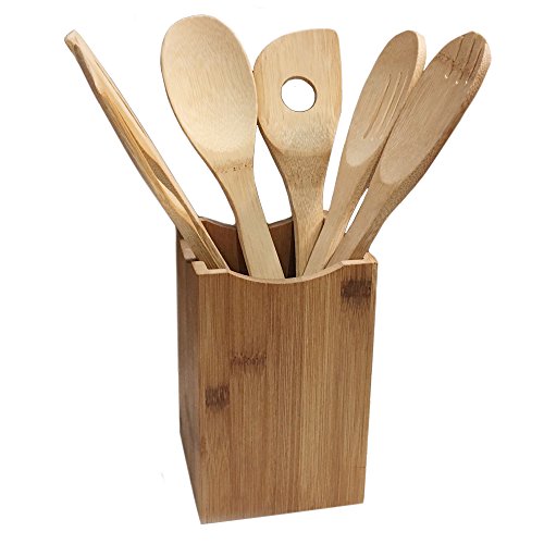 Comllen Premium Organic Kitchen Utensil Bamboo Wooden Set, 6 Piece Set Bamboo Spoons and Spatulas Cooking Utensils with Bamboo Holder Square