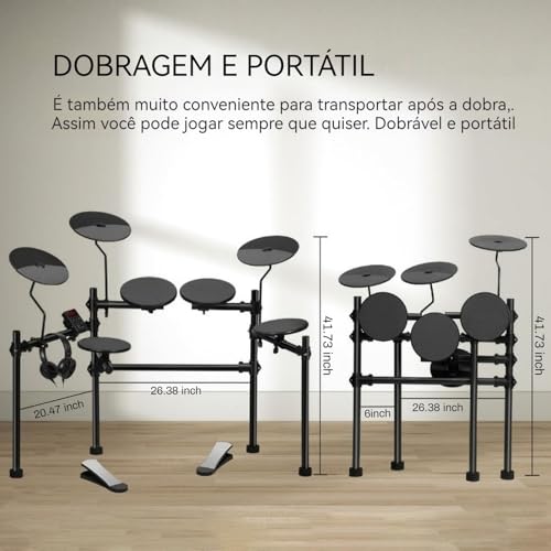 VEDO Bateria Eletrônica Portátil para Iniciantes com 4 Almofadas Silenciosas, 200 Sons, Banco Ajustável, Pedais Duplos e Fones de Ouvido - Kit Completo para Estúdio e Performances ao Vivo