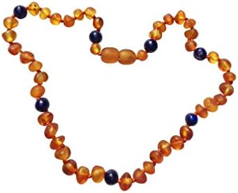 Lapis Lazuli Amber Teething Necklace - Aids with BALANCE + CONCENTRATION - Unisex- Safely Knotted Beads (Cognac Lapis)