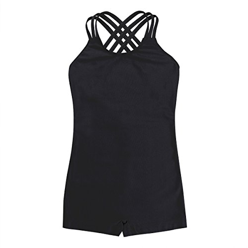 dPois Girls One-Piece Gymnastic Ballet Dance Leotard Cross Back Solid-color Unitard Bodysuit Athletic Biketard Black 9-10 - Thumbnail 3