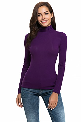 Womens Long Sleeve/Sleeveless Slim Fit Mock Turtleneck Stretch Comfy Basic T Shirt Layer Top Purple - Thumbnail 7