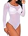 TIKSAWON Women Sexy Long Sleeve Sheer Mesh Leotard Bodysuit Tops S White