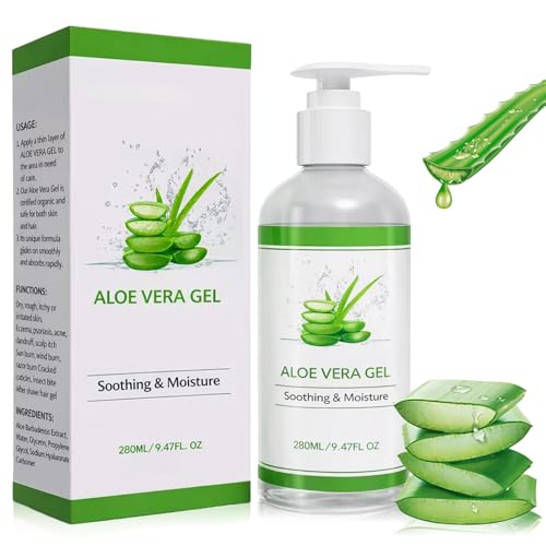 Aloe Vera Gel 280 ml - Aloe Vera Gel 100% Organic for Face, Natural, Soothing and Nourishing Moisturising Cream After Sun, for Face, Hair and Body
