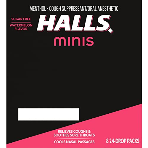 HALLS MINIS WATERMELON FLAVOR SUGAR FREE COUGH DROPS, 8 PACKS OF 24 DROPS (192 DROPS TOTAL)