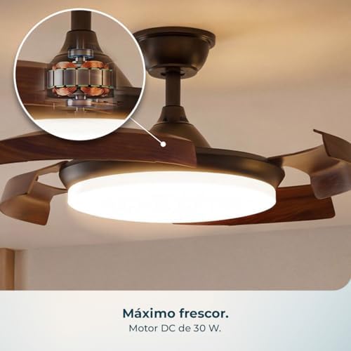 Ventilador de Techo con Luz con Aspas Retráctiles EnergySilence Aero 4500 Puzzle Invisible Black&DarkWood. 30W, Motor DC, Diámetro 42", Luz LED, Mando, Temporizador, Función Verano/Invierno