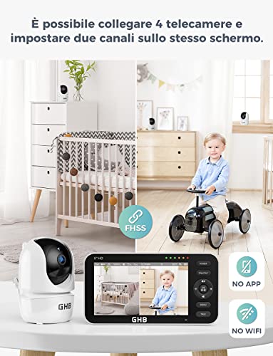GHB Baby Monitor Video and Audio Camcorder 5 Inch Screen, 168 Hours of Autonomy, 350°/110°, Two-Way Communication, VOX Night Vision Vision Temperature Monitor, Lullabies