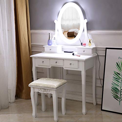 Vanity Table Set,White Makeup Dressing Table with Oval Lighted Mirror,Cushioned Stool,3 Drawers,2 Storage Cases，Wooden Makeup Furniture for Women Girls Bedroom - Thumbnail 4