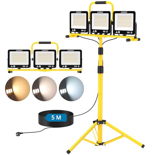 AUTOUTLET Construction Site Spotlight with Extendable Tripod, 3 x 100 W 27000 LM Rechargeable LED Headlight with 3 Colour Temperatures and 5 m Power Cable, IP66 Waterproof, for Garage Workshop and Outdoor