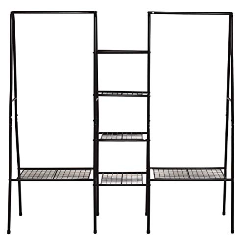 HOMERECOMMEND Metal Clothes Rack Heavy Duty Clothing Racks Free Standing Garment Rack with 2 Top Rods and 6 Wire Shelves for Coat Hanging(Black Color)