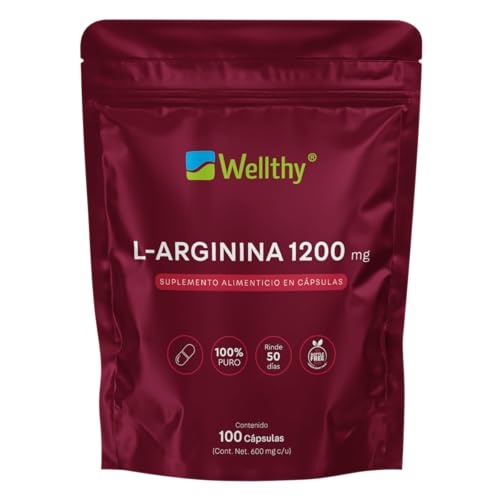 Wellthy L-Arginina 1200mg 100 Caps. 100% Pura y Natural, 50 Porciones por Envase, Alta Pureza con Certificaciones Internacionales, Bottle Free