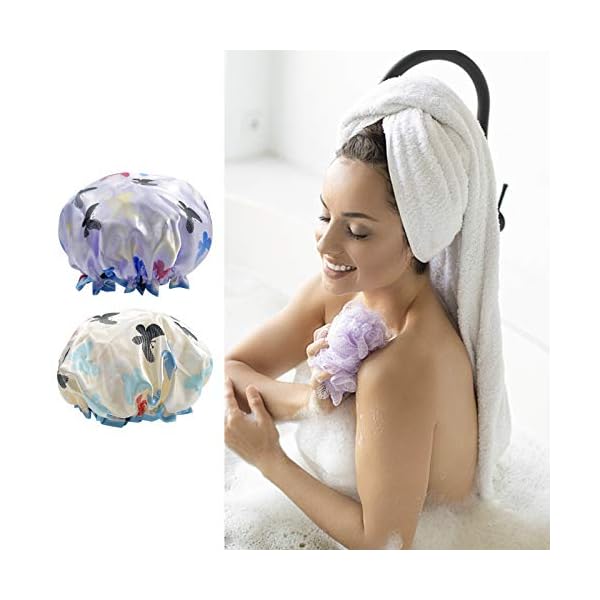 2 Packs Shower Caps for Women Long Hair Reusable Large Butterfly Double Layer Waterproof Bath Cap Bathing Accessories