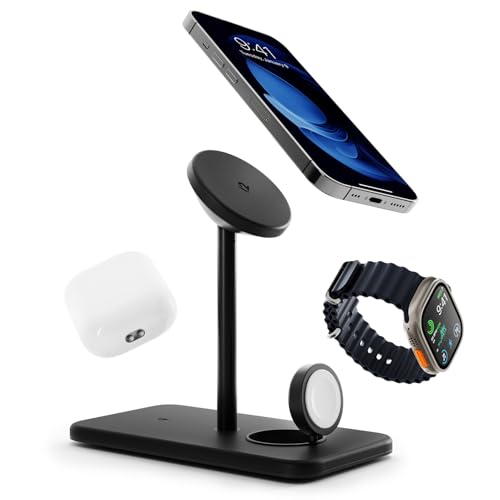 Twelve South HiRise 3 Deluxe-Twelve South 3-in-1 MagSafe + Qi2 Ladeständer für iPhone, Uhr und AirPods, Schwarz