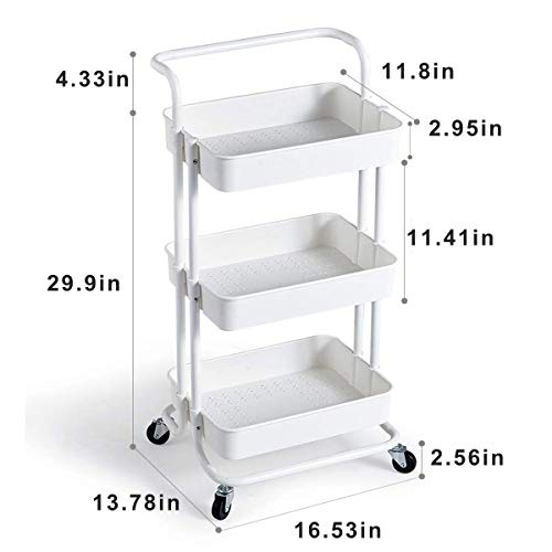 JAKAGO 3-Tier Rolling Utility Cart Storage Shelves Multifunction Trolley Cart with Mesh Basket, Handles and Wheels Adjustable Service Cart for Office, Kitchen, Bedroom, Bathroom, Laundry Room (White)