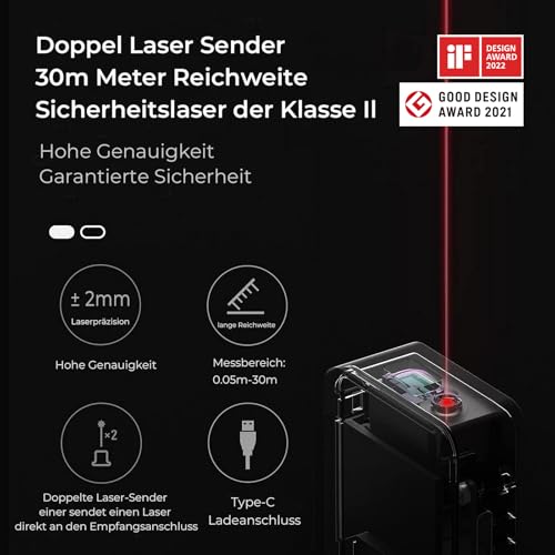 HOTO Laser Rangefinder 30 m Measuring Range, ±2 mm Accuracy, Laser Meter for Rooms, OLED Display, USB-C Charging, Unit Conversion (Feet/Metre), Pocket Size 98 ft, Gifts for Mum Dad