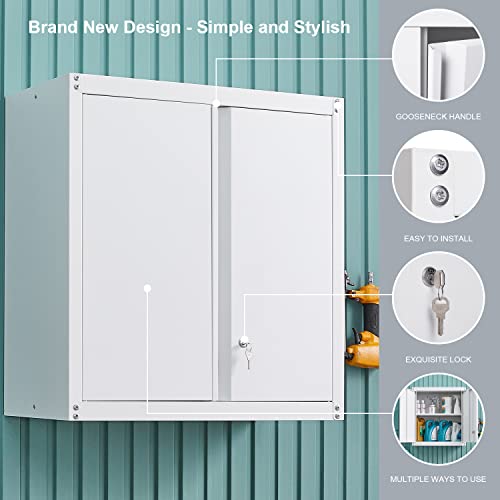 GREATMEET Metal Wall Storage With Lock, White Wall Mount Metal