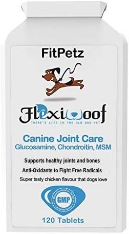 Dog Joint Supplements - FlexiWoof - Glucosamine, Chondroitin, MSM, Hyaluronic Acid, Curcumin, Green Lipped Mussels - Tablets for Dogs with Stiffness - 120 Chicken Flavoured Tablets - Taste Guarantee - UK Made - Qualifies for Free Delivery