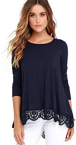 detimi Women Lace Long Sleeve O-Neck A-Line Tunic Loose Blouse