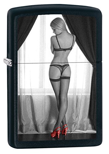 Zippo Lighter: Red Shoe Girl Number One - Black Matte Sexy Pin-up Girl 75153