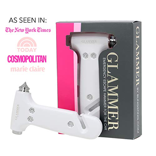 Car Window Breaker and Seatbelt Cutter - Women's Auto Emergency Vehicle Escape Hammer/Seat Belt Cutter the Glammer Hammer, Effective & Fashionable in White