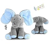 yuailiur Peek-a-Boo Elephant Animated Talking Singing Stuffed Plush Elephant Stuffed Doll Toys Kids Gift Present Boys & Girls Birthday Xmas Gift (Grey-Blue)
