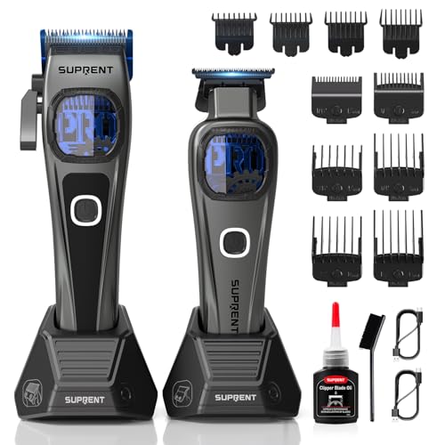 SUPRENT Men's Professional Hair Trimmer - Titanium-Coated Fade Blade, Adjustable Zero-Gap T-Blade, 5 Length Levels, Magnetic Guide Combs, 2500 mAh Battery & Type-C Charging Station