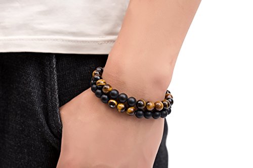 SEVENSTONE 2PCS Black Matte Onyx Prayer Beads Bracelet for Men Women Elastic Natural Stone (B 2PCS)