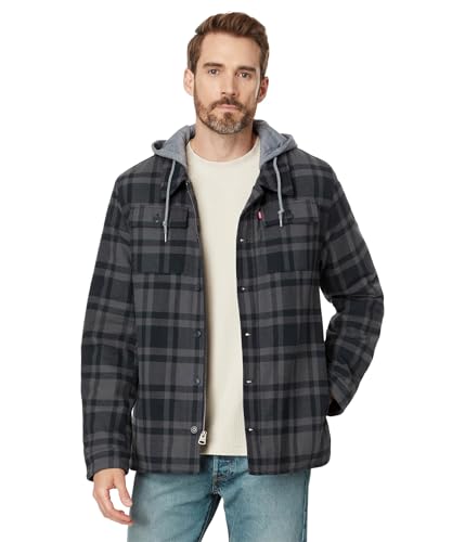 Levi's Plaid Sherpa-Lined Hooded Shirt Jacket, Grey/Navy Plaid, 3X