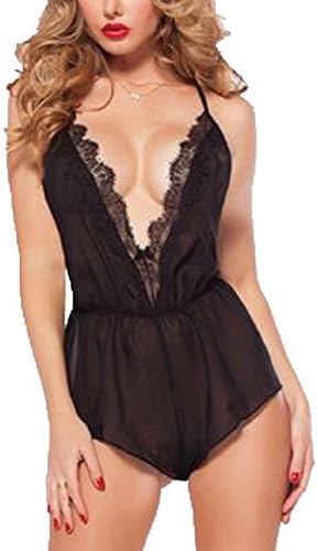 Aimilam Women's Eyelash Lace Deep V-neck Sexy Babydoll Lingerie Sleepwear (S/M)