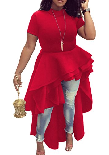 Irirgo Womens Ruffle High Low Asymmetrical Short Sleeve Bodycon Tops Blouse Shirt Dress Red 2XL