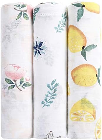 MBJERRY Muslin Swaddle Blankets for Newborn - Large 47x47 Inches Soft Receiving Blanket Pack of 3 Ideal for Baby Boys and Girls Shower Gifts(Style #1)