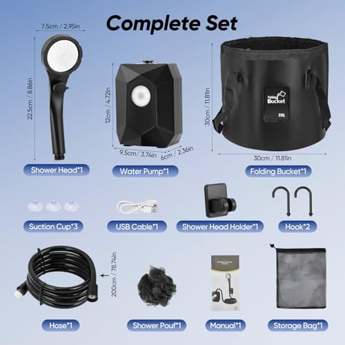 Thalyrnn Ducha portátil para Camping, 6000mAh Bomba de Ducha, 4 Modos de iluminación, Resistencia al Agua IPX8, 5 Modos rociado, Kit con Cubo Plegable 20 L – para Playa, Senderismo, Mascotas y Auto