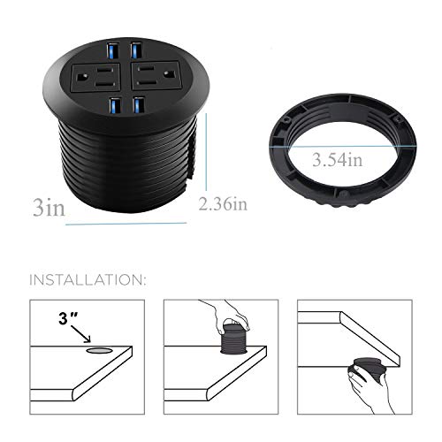 Desk Power Grommet Outlet with USB, Recessed Power Strip Receptacle Outlet, Plug-in 2 Plug Connect 6.5 ft Extension Cord Suitable Furniture Conference Room Office Kitchen Table