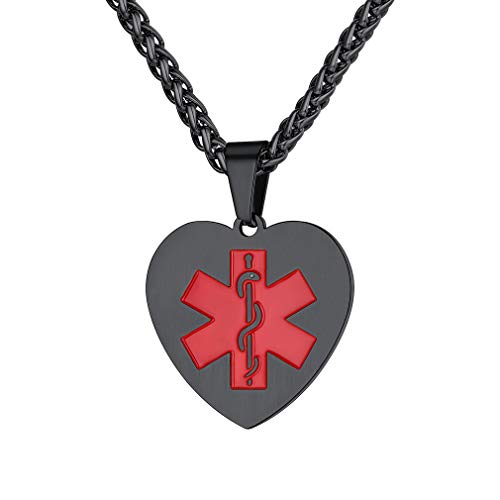 Supcare Heart Necklace Alert ID Alert Jewelry Stainless Steel Black Plated, Women/Men/Kids Medical Tag Necklace Emergency Identification Necklace Jewelry