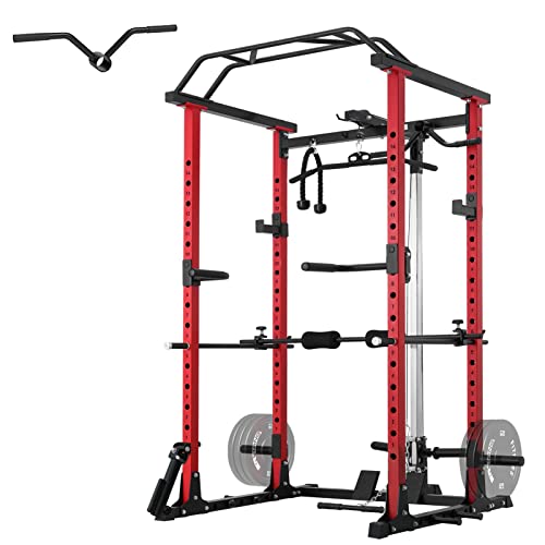 ER KANG Power Cage, 1200LBS Power Rack with LAT Pulldown, MultiFunction Squat Cage, Weight Cage