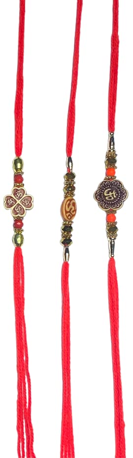Khandekar Set of 3 Golden Rakhi Thread for Brother Bhaiya with Kundan for Rakshabandhan Rakhee with Om Design Bracelet and Stone, Vary Color and Multi Design