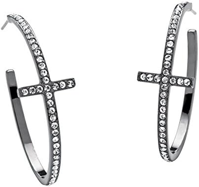 Round White Simulated Crystal Black Rhodium-Plated Cross Hoop Earrings (40mm)