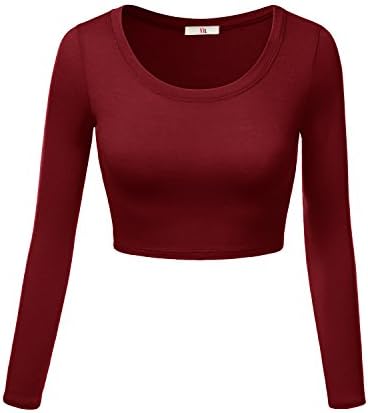 Womens Crop Top Round Neck Basic Long Sleeve Crop Top - Made In USA  Burgundy Small