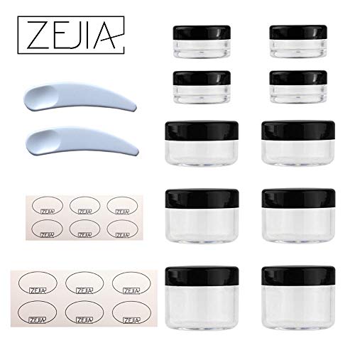 ZEJIA 10pcs Small Travel Containers, Black Sample Containers with Screw Lids, 5 Size 3/5/10/15/20 Gram Sample Jars with 12pcs Labels and 2pcs Mini Disposable Spatula, Makeup Sample Containers BPA Free