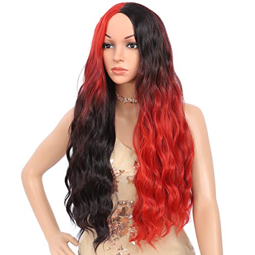 Amchoice Black Red Ombre Wigs for Women Long Curly Wavy Hair Wig Cute Fashion Heat Resistant Synthetic Wigs for Daily Party Cosplay Halloween 26 Inch