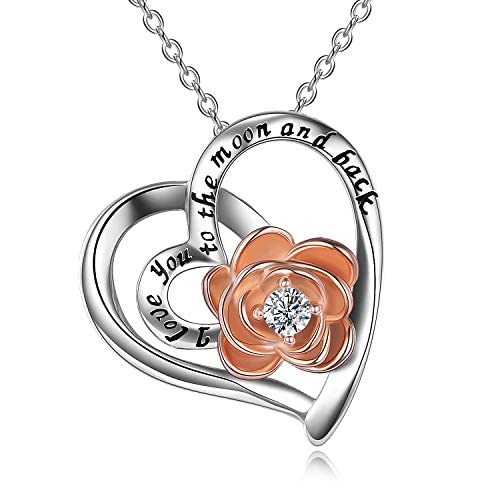 AOBOCO I Love You To The Moon and Back Rose Flower Necklace Sterling Silver Heart Pendant Love Jewelry for Her…