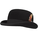EOZY Mens 100% Wool Black Derby Hat with Removable Feather Satin Lined Roll Brim Bowler Hat