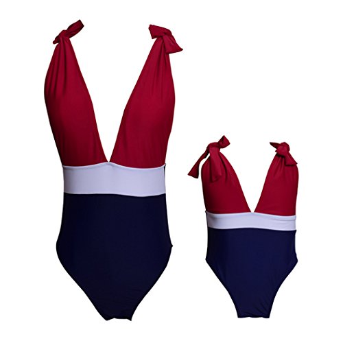 Hoter Womens Deep V Parent-Child Outfit Bikini Color Matching Siamese Bikini Swimsuit(Can Choose Adult Or Child Style)