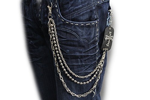 TFJ Men Biker Fashion Wallet Chain Metal Keychain Mini Skulls Cross 3 Strands Silver